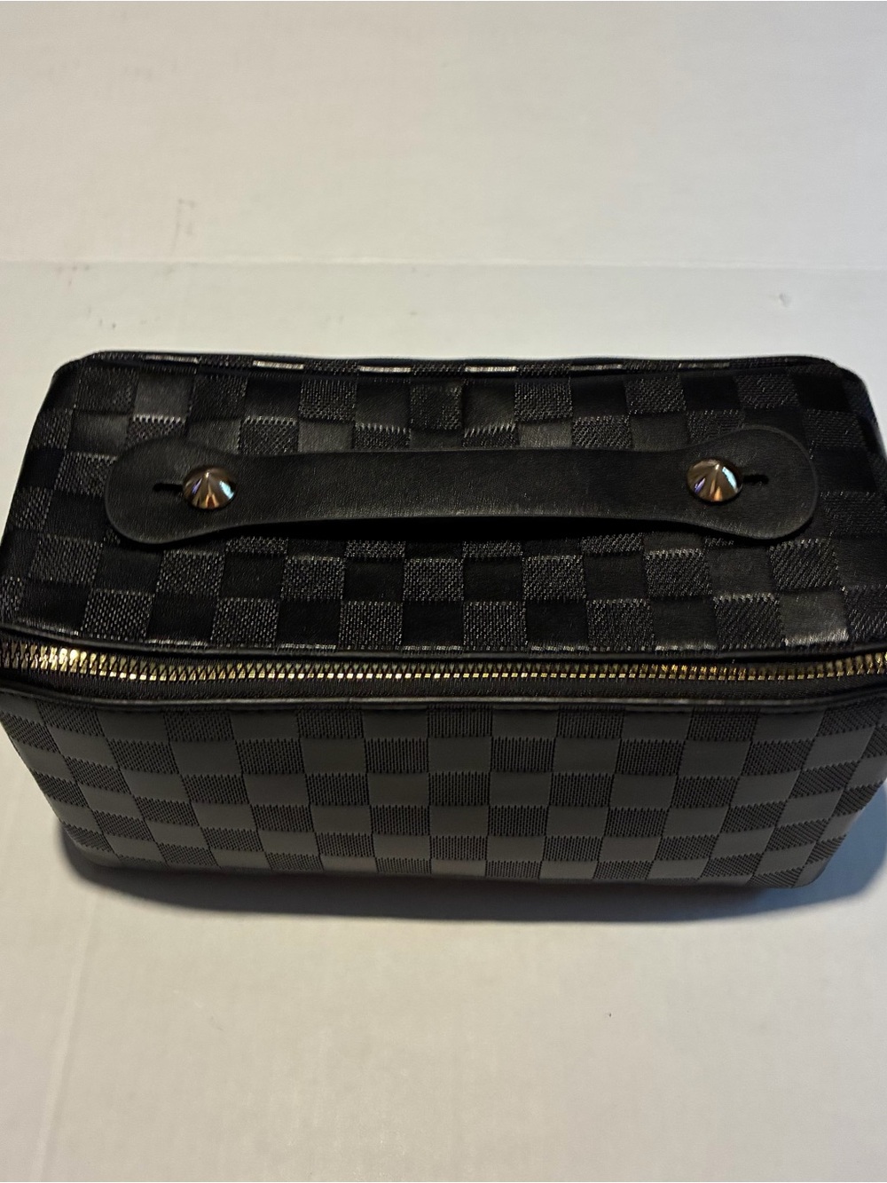 Black Checkered Travel Cosmetic Case with Gold Zip